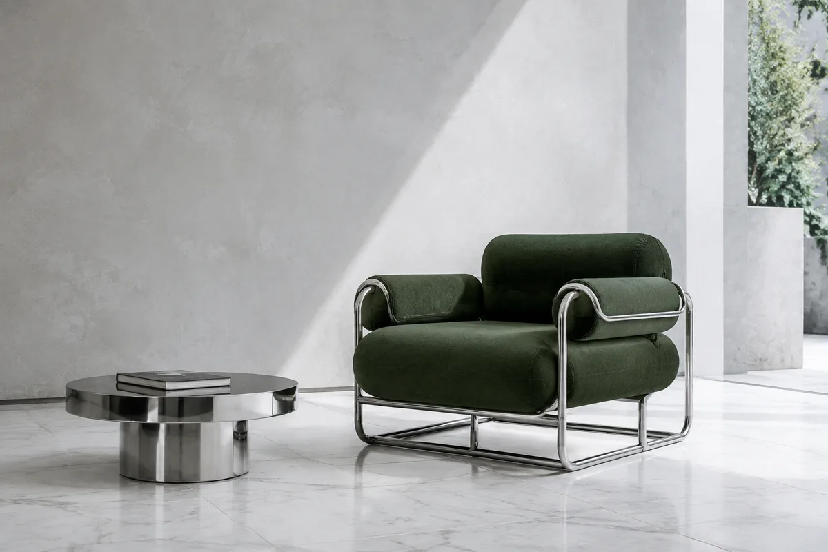Concept: a sculptural green lounge chair in a bright gallery